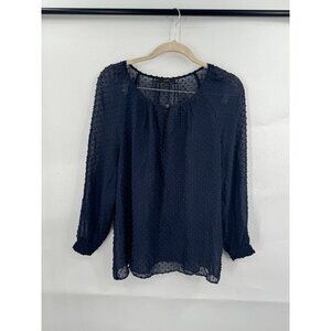 J. Crew Blouse Women 2 Navy Blue Sheer Swiss Dot Long Sleeve Preppy Keyhole Neck